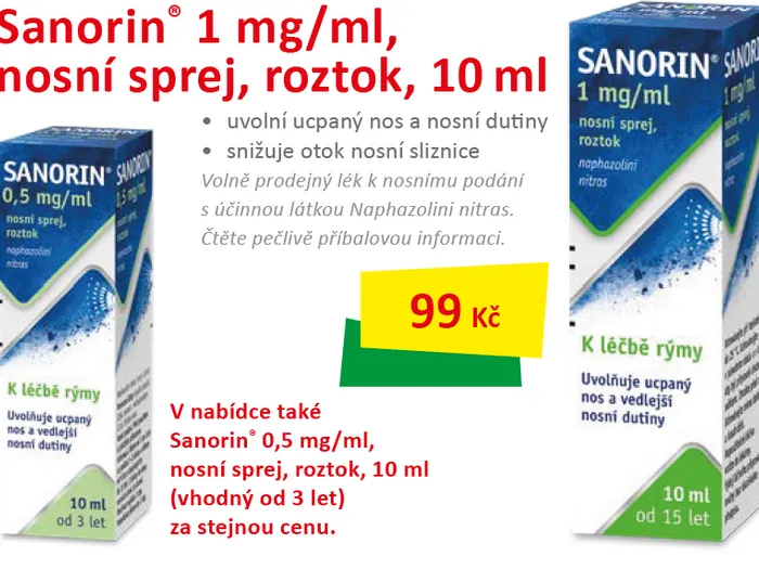 Sanorin 1mg/ml, nosní sprej, roztok, 10 ml 99KČ